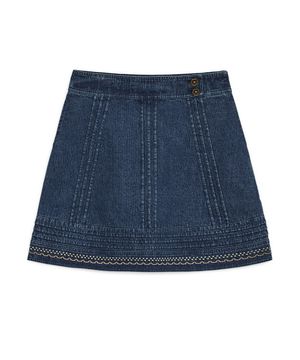 데님 니들워크 미디 스커트 (블루)