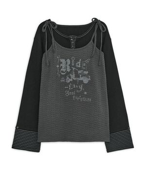 프린트 레이어드 헨리넥 티 (블랙)