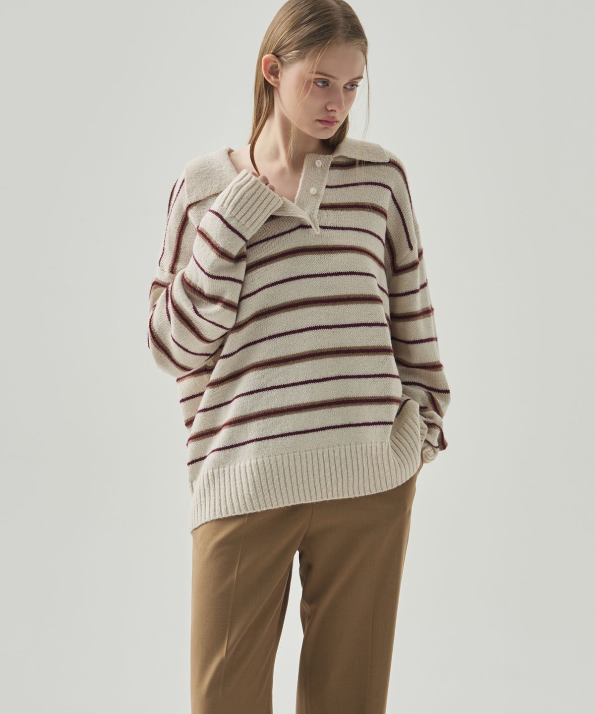 드로우핏 우먼(DRAWFIT WOMEN) 모헤어 울 스트라이프 카라 니트 [BEIGE]