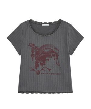 긱 걸 프린트 레이스 탑 (차콜)