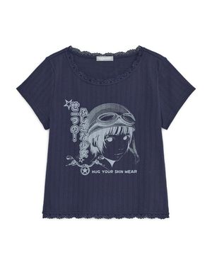 긱 걸 프린트 레이스 탑 (네이비)