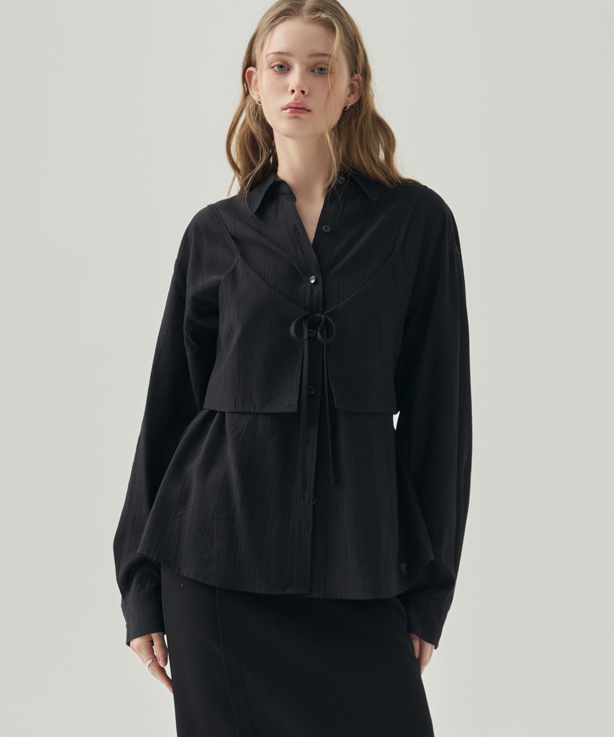 드로우핏 우먼(DRAWFIT WOMEN) 제인 레이어드 뷔스티에 블라우스 [BLACK]