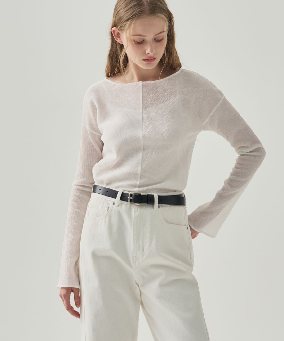 드로우핏 우먼(DRAWFIT WOMEN) 프로아 보트넥 플리츠 탑 [IVORY]