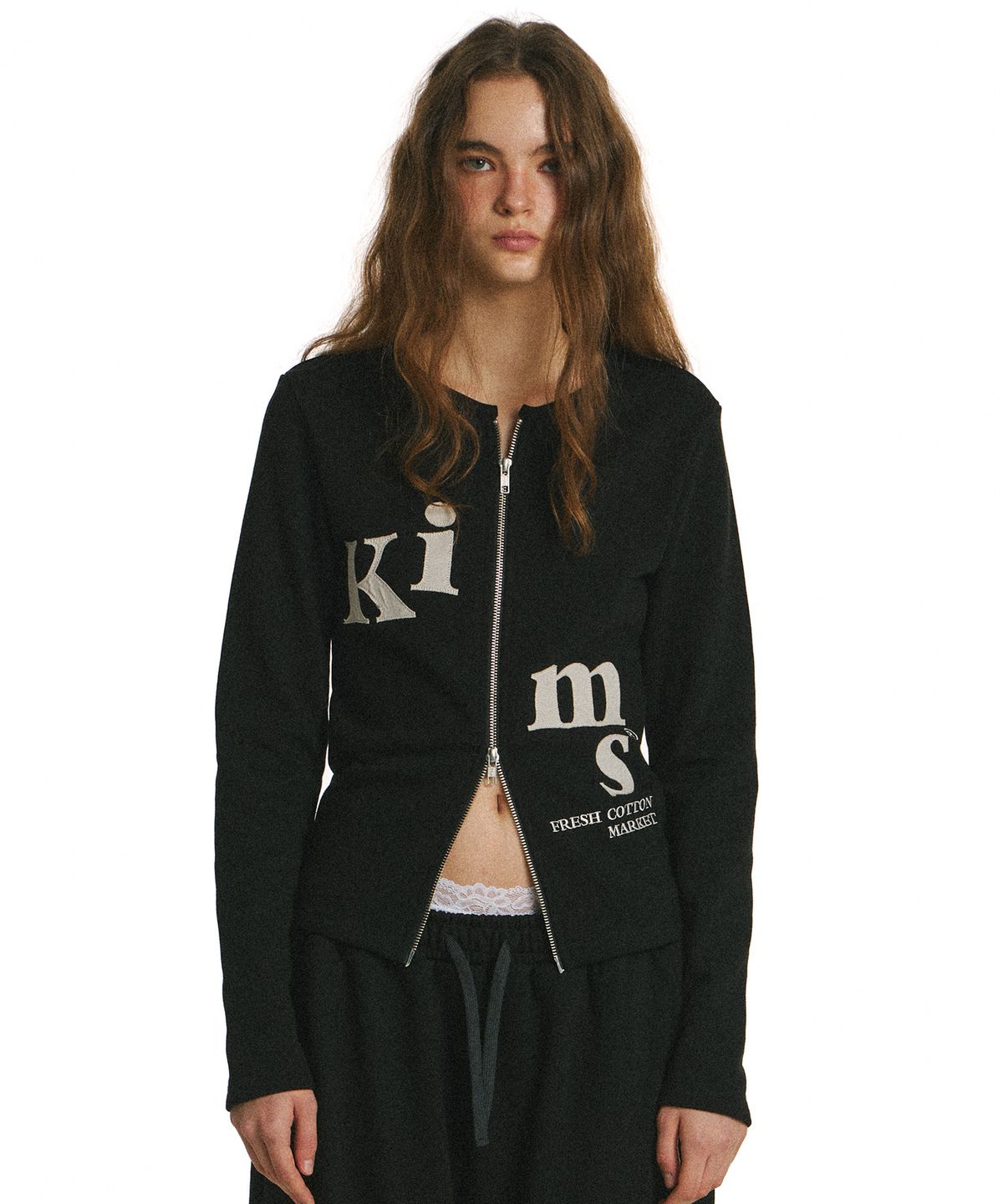 킴스 프레시 코튼 마켓(KIMS FRESH COTTON MARKET) Messy Alpha App Zip Cardigan Black