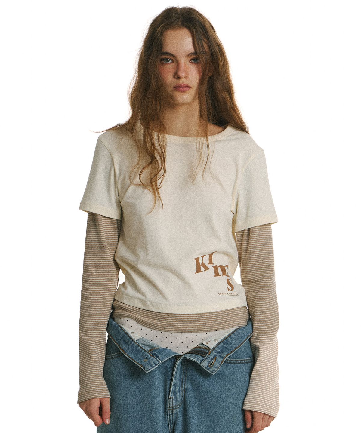 킴스 프레시 코튼 마켓(KIMS FRESH COTTON MARKET) Muse Stripe Layered LS Tee Cream