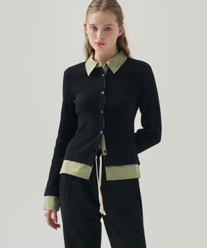 프로즈 레이어드 카라 셔츠 가디건 [GREEN STRIPE]