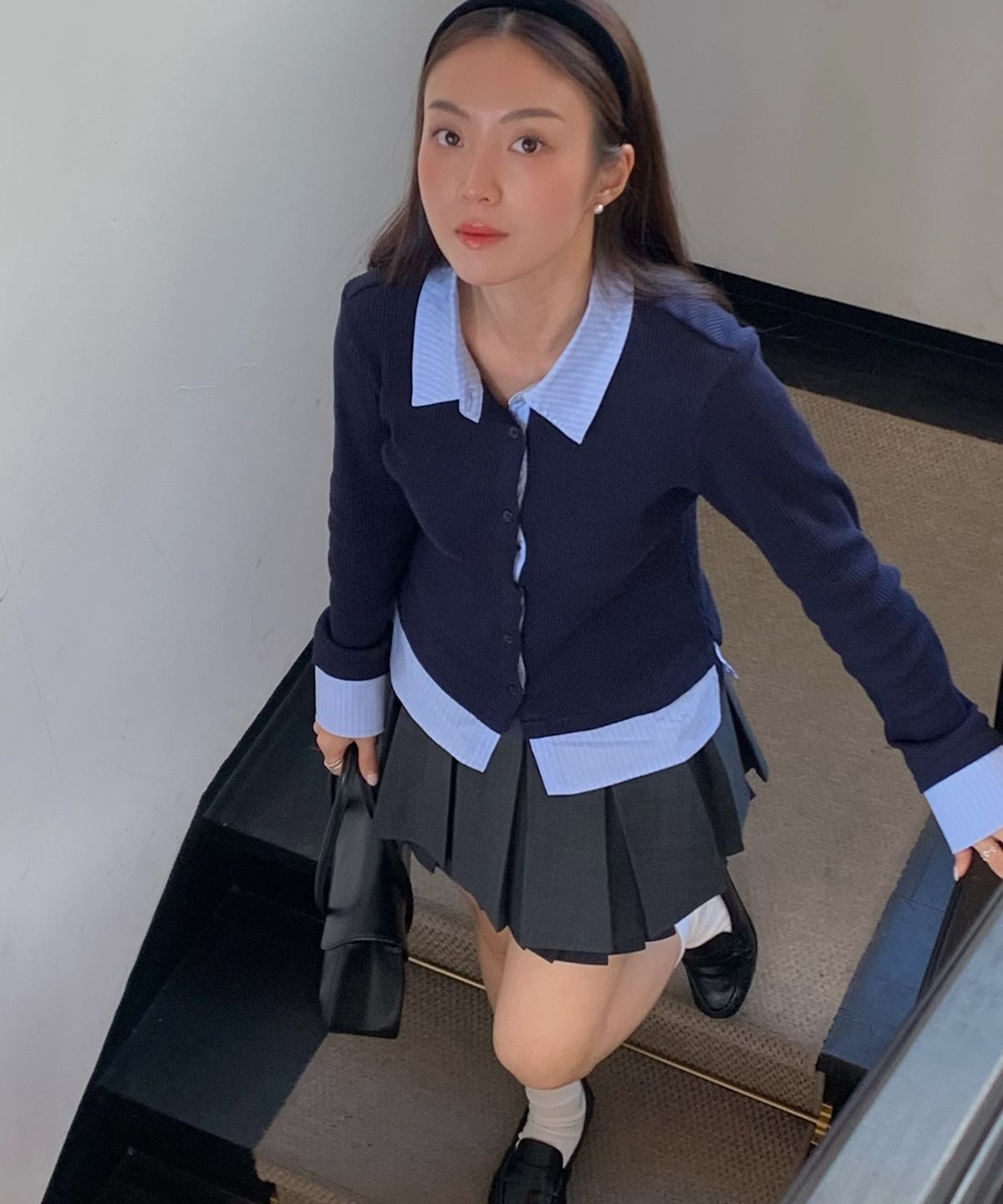 드로우핏 우먼(DRAWFIT WOMEN) 프로즈 레이어드 카라 셔츠 가디건 [BLUE STRIPE]