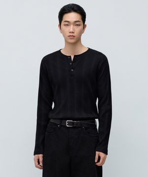 멀티 리브드 헨리 넥 긴소매 티셔츠 [블랙]