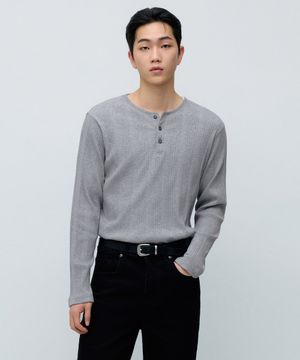 멀티 리브드 헨리 넥 긴소매 티셔츠 [미디엄 그레이]