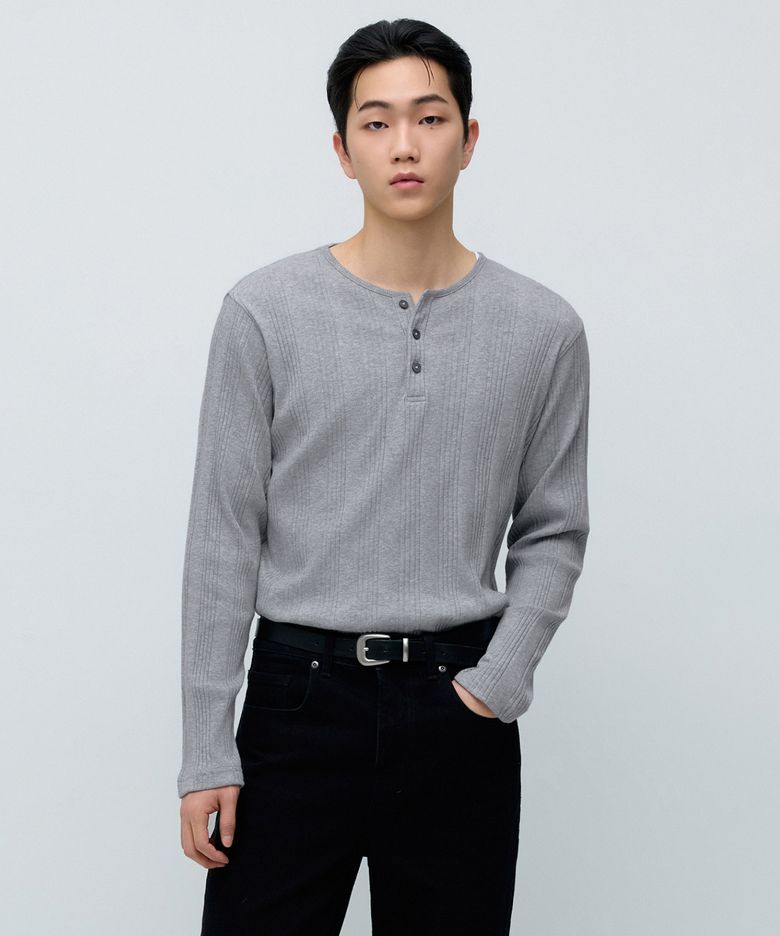 멀티 리브드 헨리 넥 긴소매 티셔츠 [미디엄 그레이]