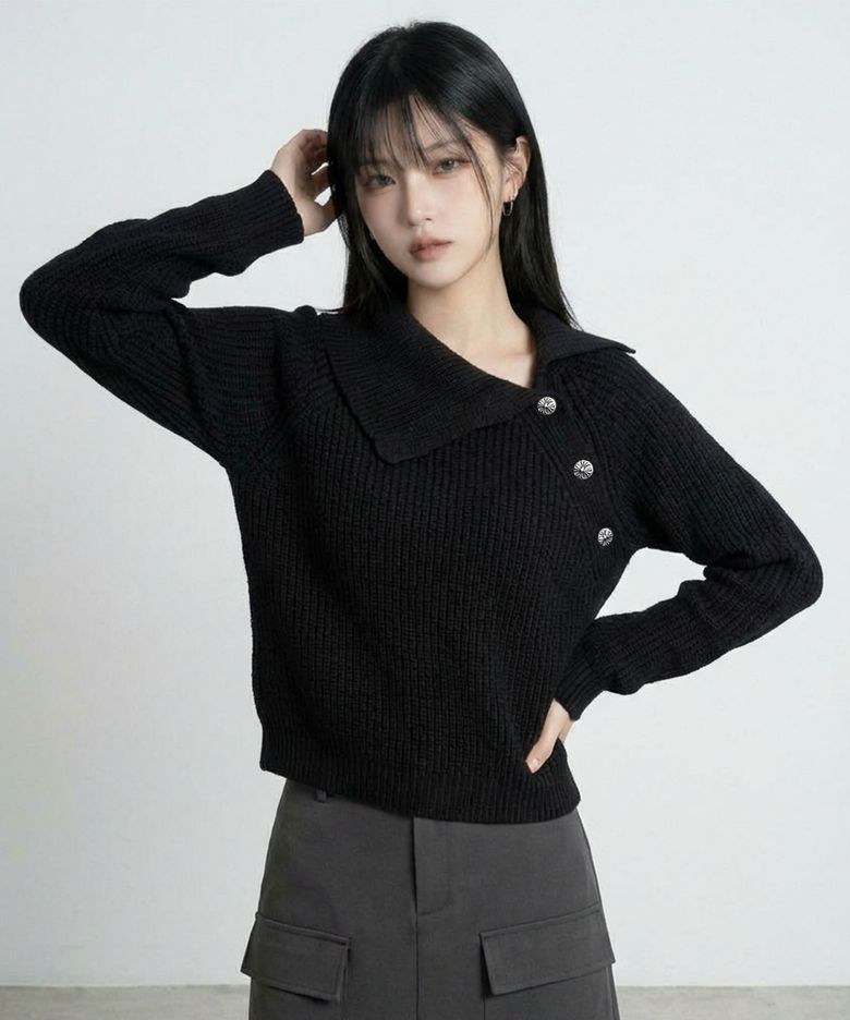 오블리크 카라 크로스 버튼 니트_블랙