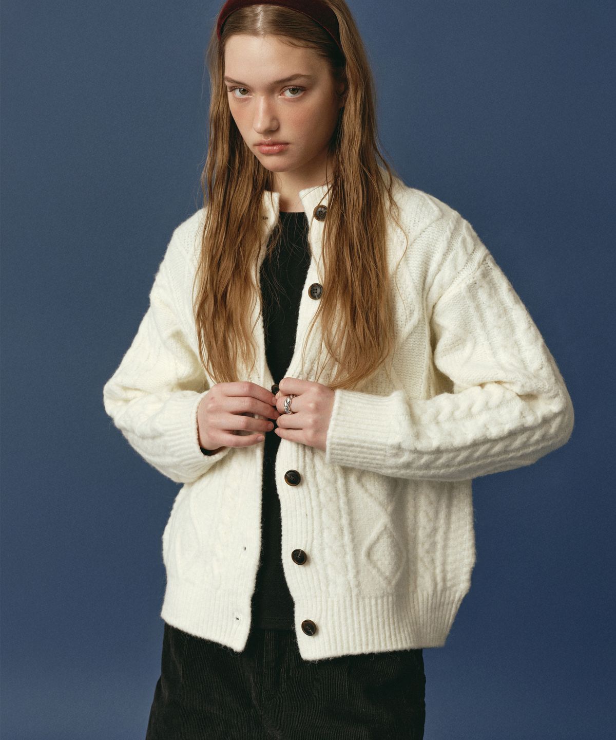 로시로우(LOSSYROW) Chunky Cable Knit Cardigan Ivory