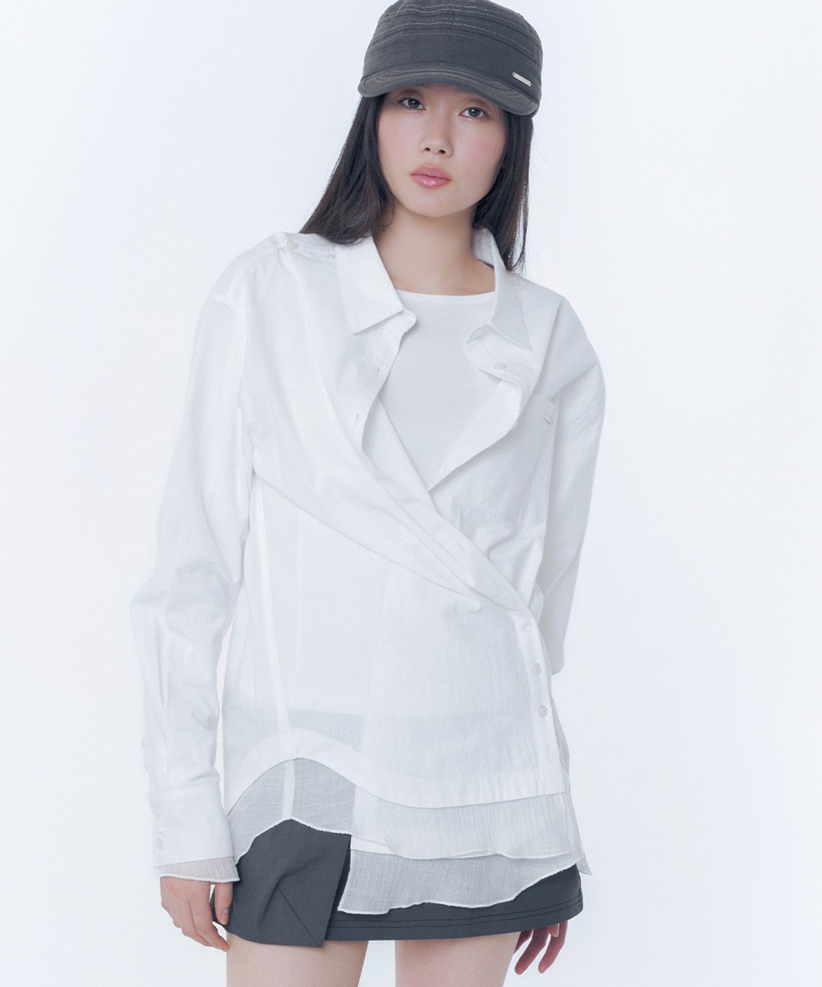 미세키서울(MISEKI SEOUL) Oblique layered sheer shirts WHITE