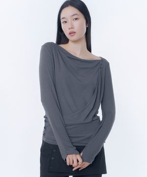 Draped button long sleeve CHARCOAL
