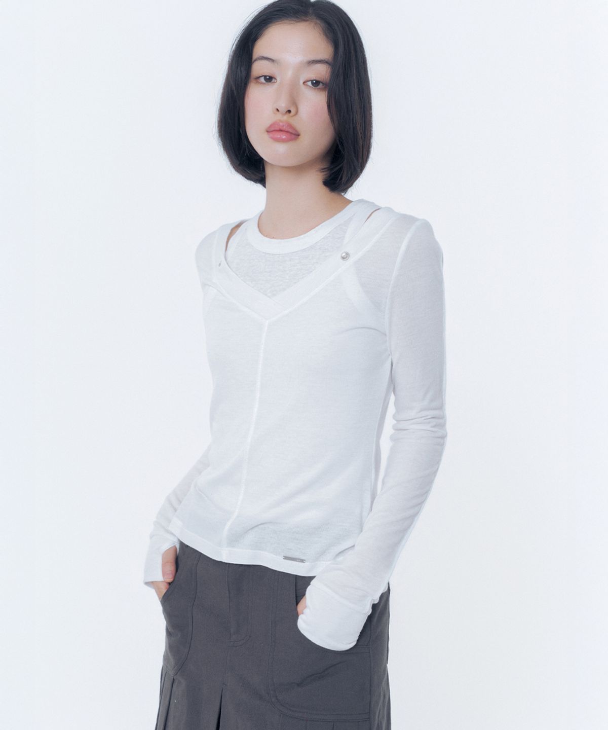 미세키서울(MISEKI SEOUL) Layered line sheer long sleeve WHITE