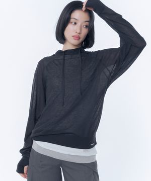 Sheer punching knit hoodie BLACK