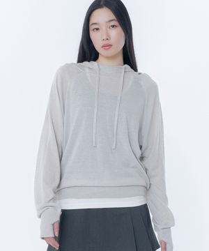 Sheer punching knit hoodie GREY