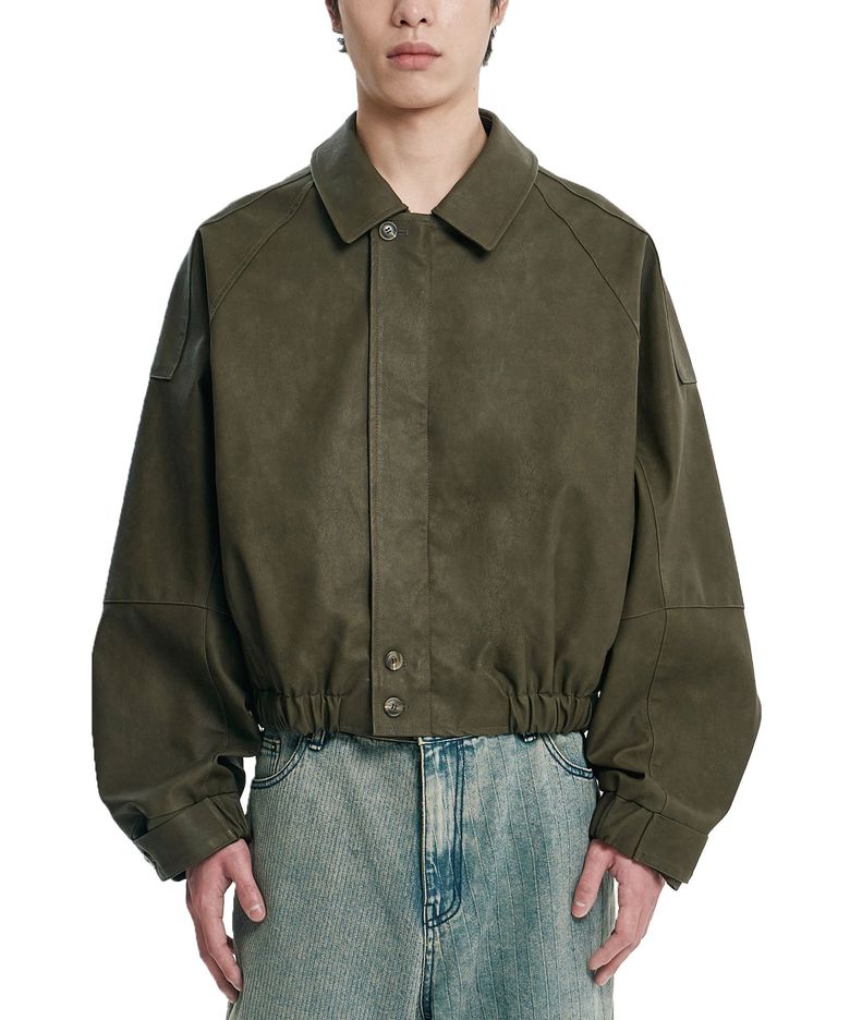 [POG:SERVICE x AJOBYAJO] Faded Panel Faux Leather Jacket [KHAKI]