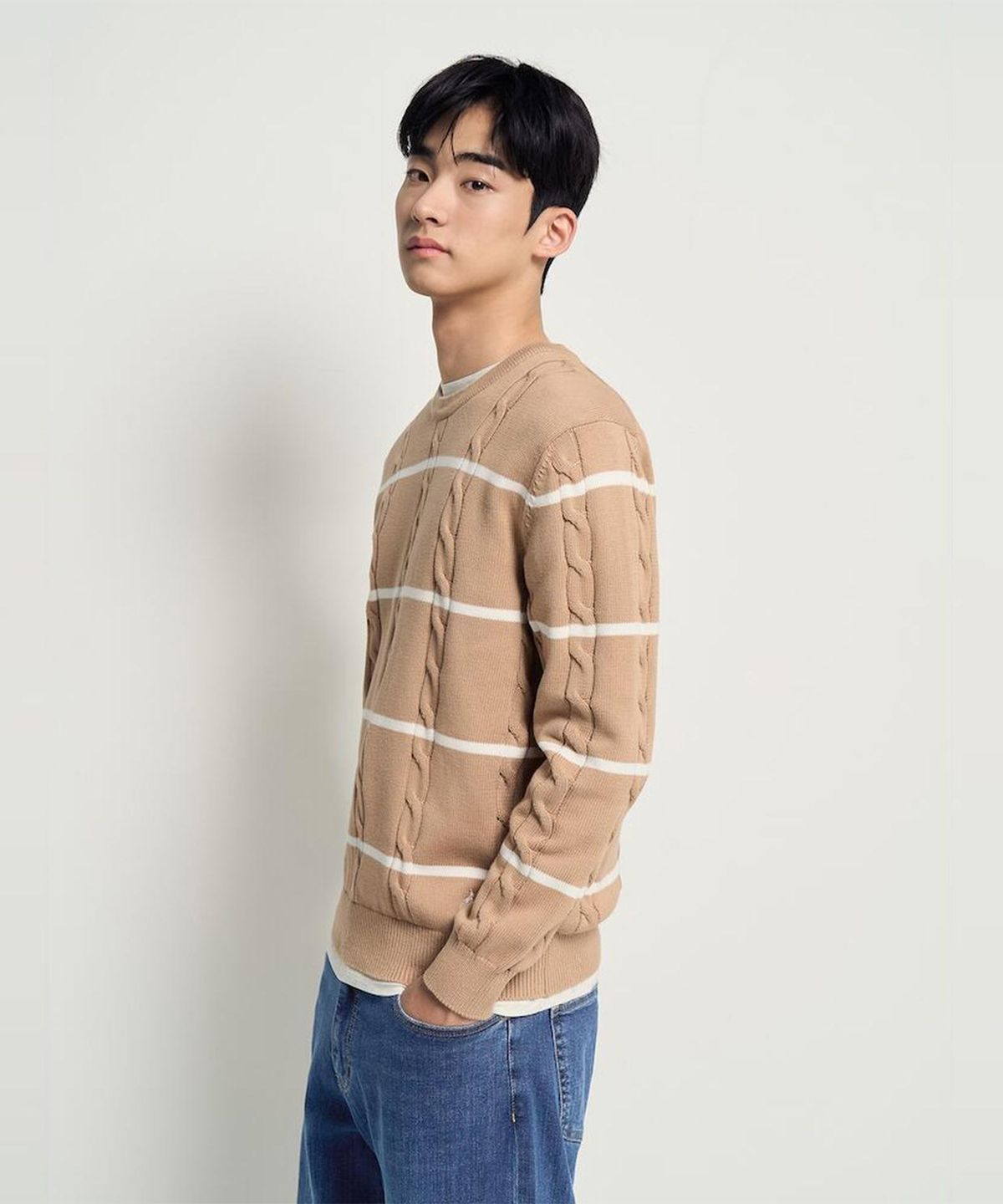 빈폴 멘(BEANPOLE MEN) 케이블 스트라이프 니트  베이지