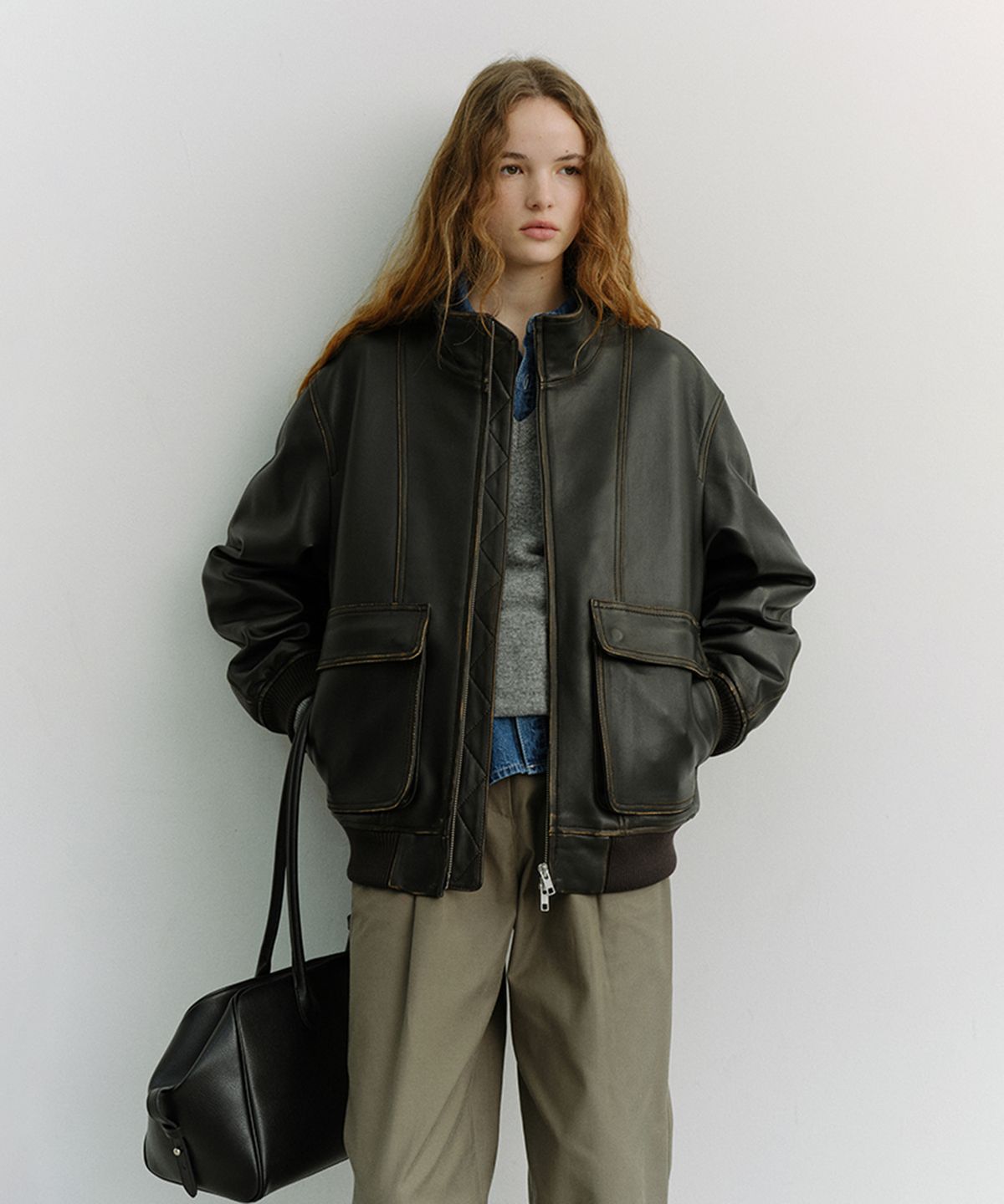 던스트(DUNST) UNISEX STAND COLLARED LEATHER BLOUSON_UDJU6A104_BRUSHED BLACK