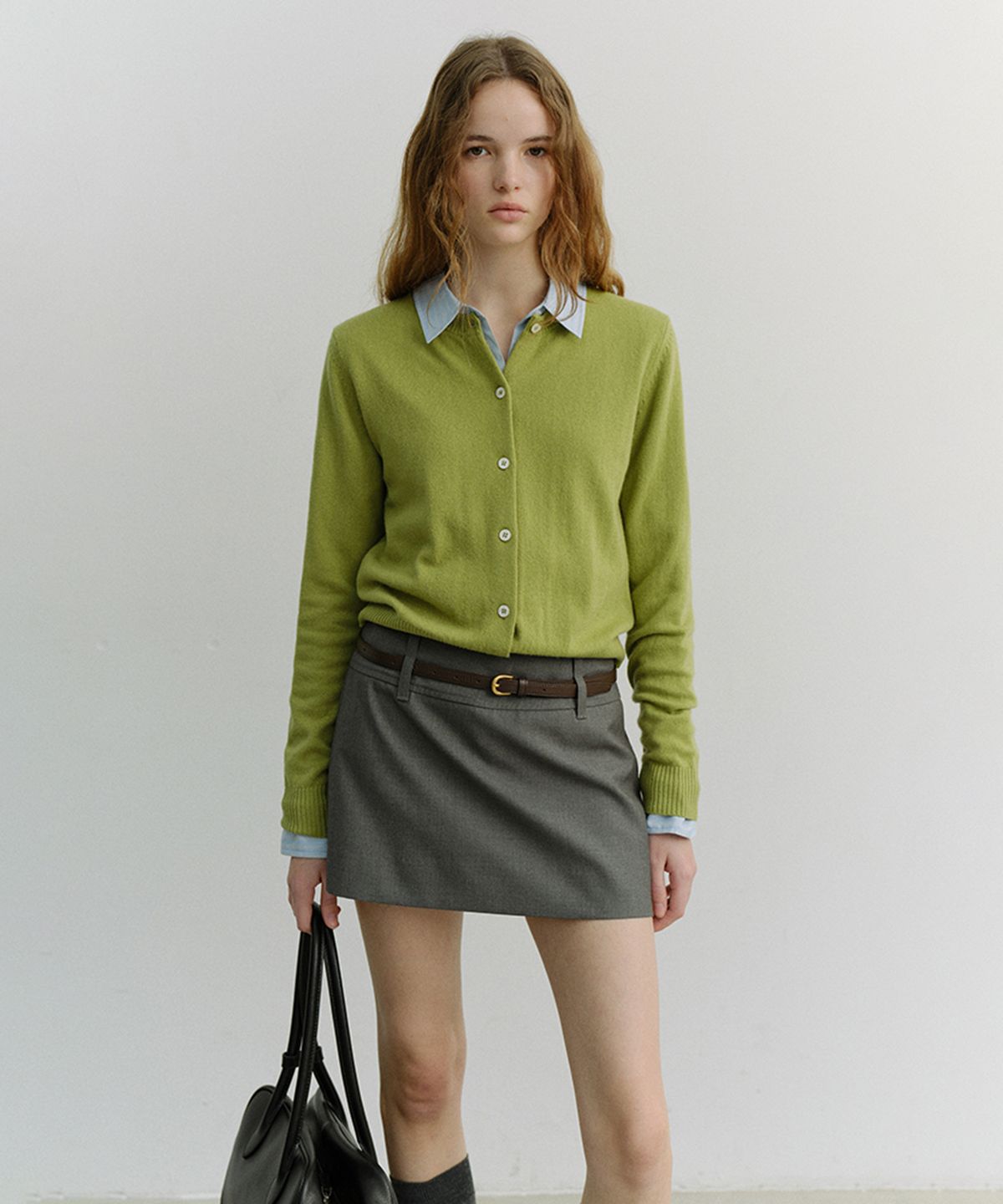 던스트(DUNST) ESSENTIAL CREWNECK KNIT CARDIGAN_UDSW6A209_OLIVE GREEN