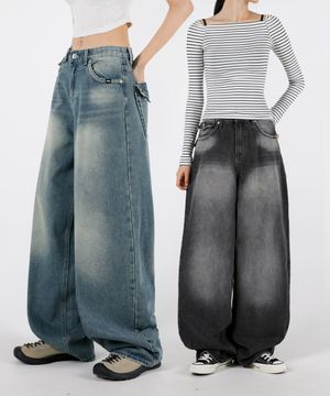 숏롱 벌룬와이드핏 포켓워싱 데님팬츠 청바지 2COLOR