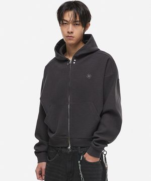 크롭 와플 후드 집업 차콜