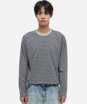 스트라이프 크롭 롱슬리브 그레이