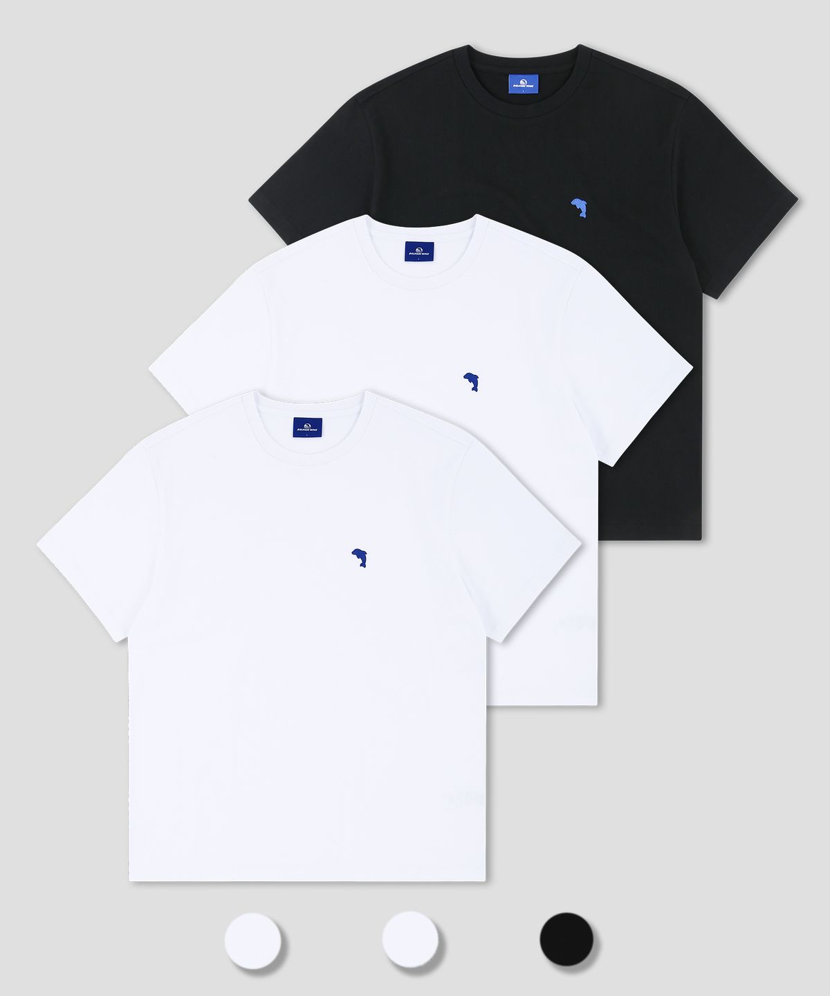 돌핀웨이브어패럴(DOLPHIN WAVE APPAREL) [3팩] 돌핀 미니 체인자수 16수 반팔티셔츠 화이트 & 화이트  & 블랙