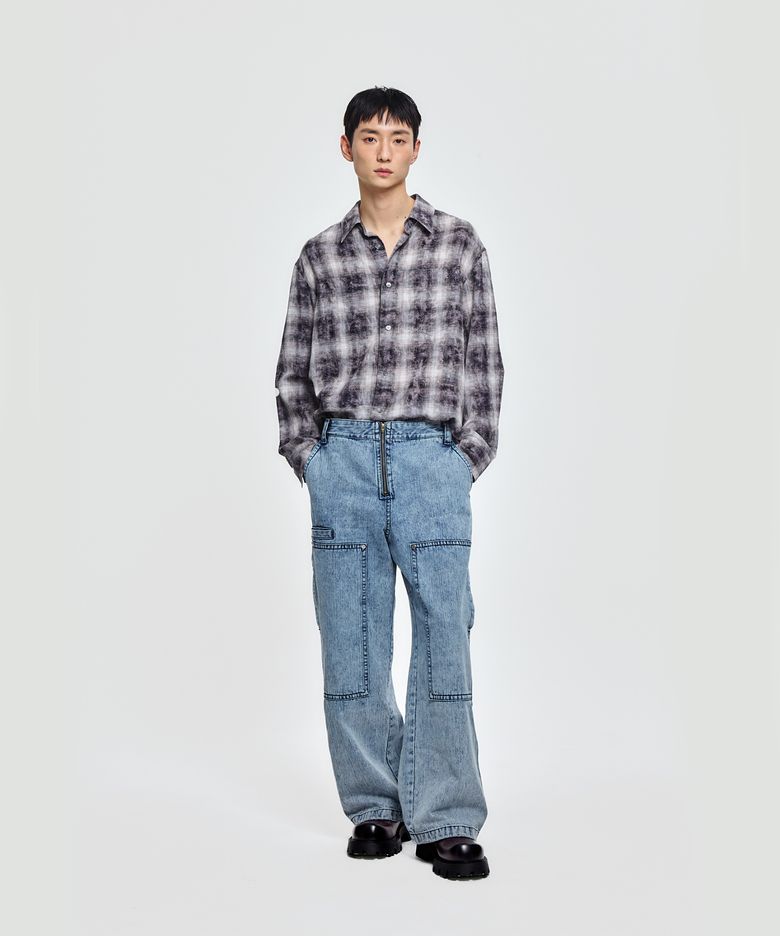 와이드 크롭 빈티지 체크 셔츠