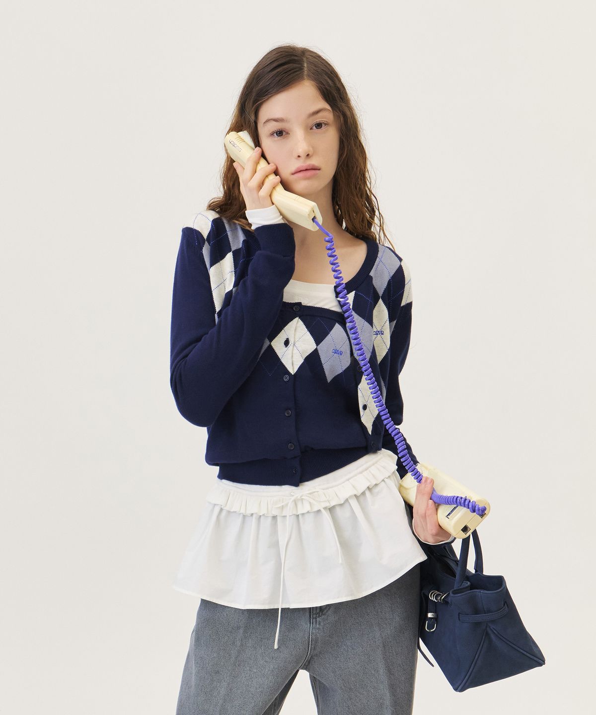 그로브(GROVE) VENI ARGYLE CROP CARDIGAN (NAVY)