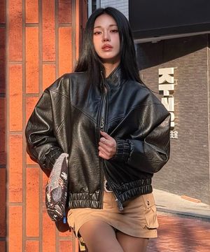 9232 워싱 레더 오버핏 블루종 (BLACK)