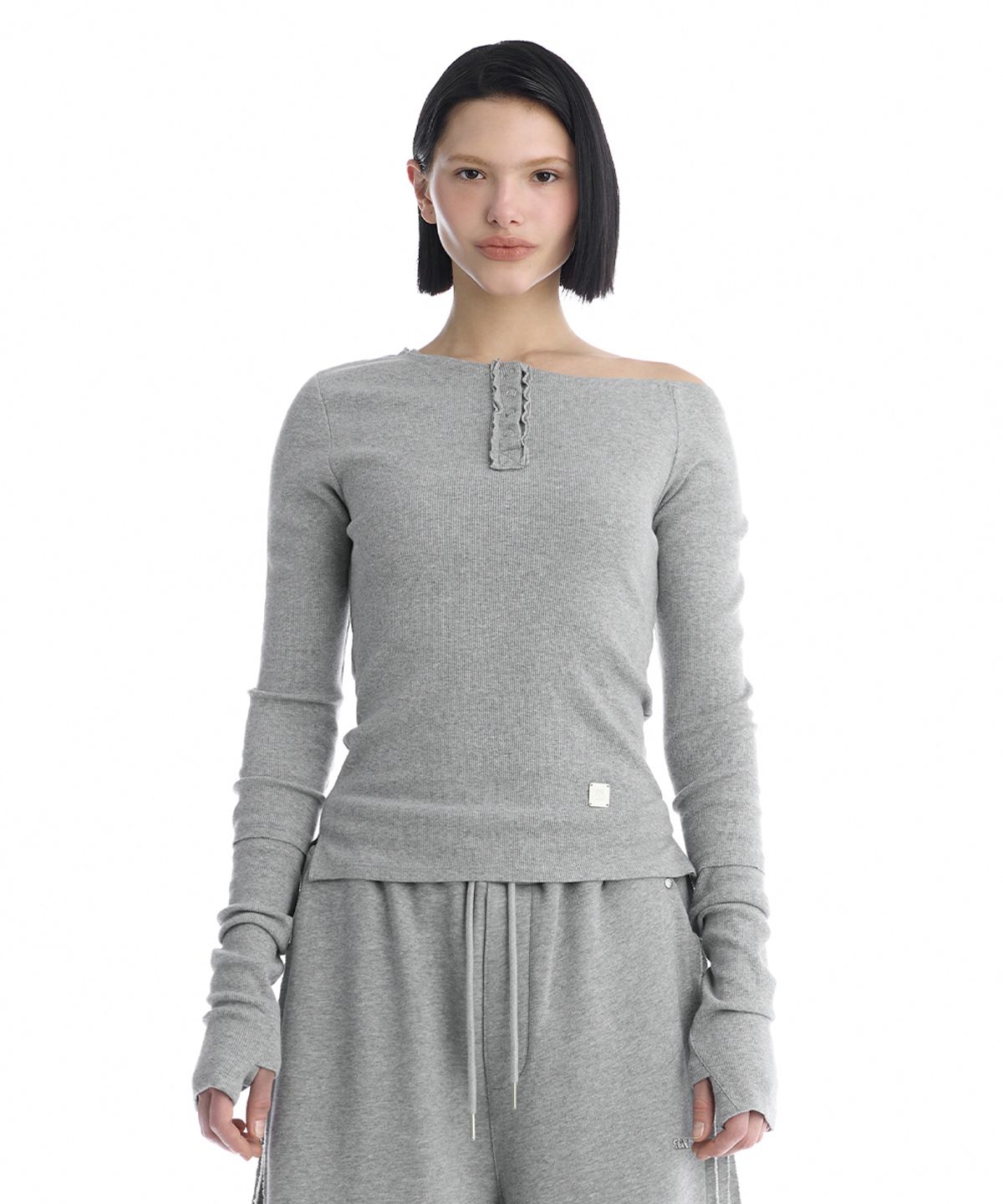 트리밍버드(TREEMINGBIRD) One-Shoulder Henley Neck Long Sleeve [ Melange Gray ]