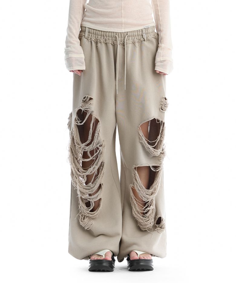 Scratch Damage Wide Sweat Pants [ Beige ]