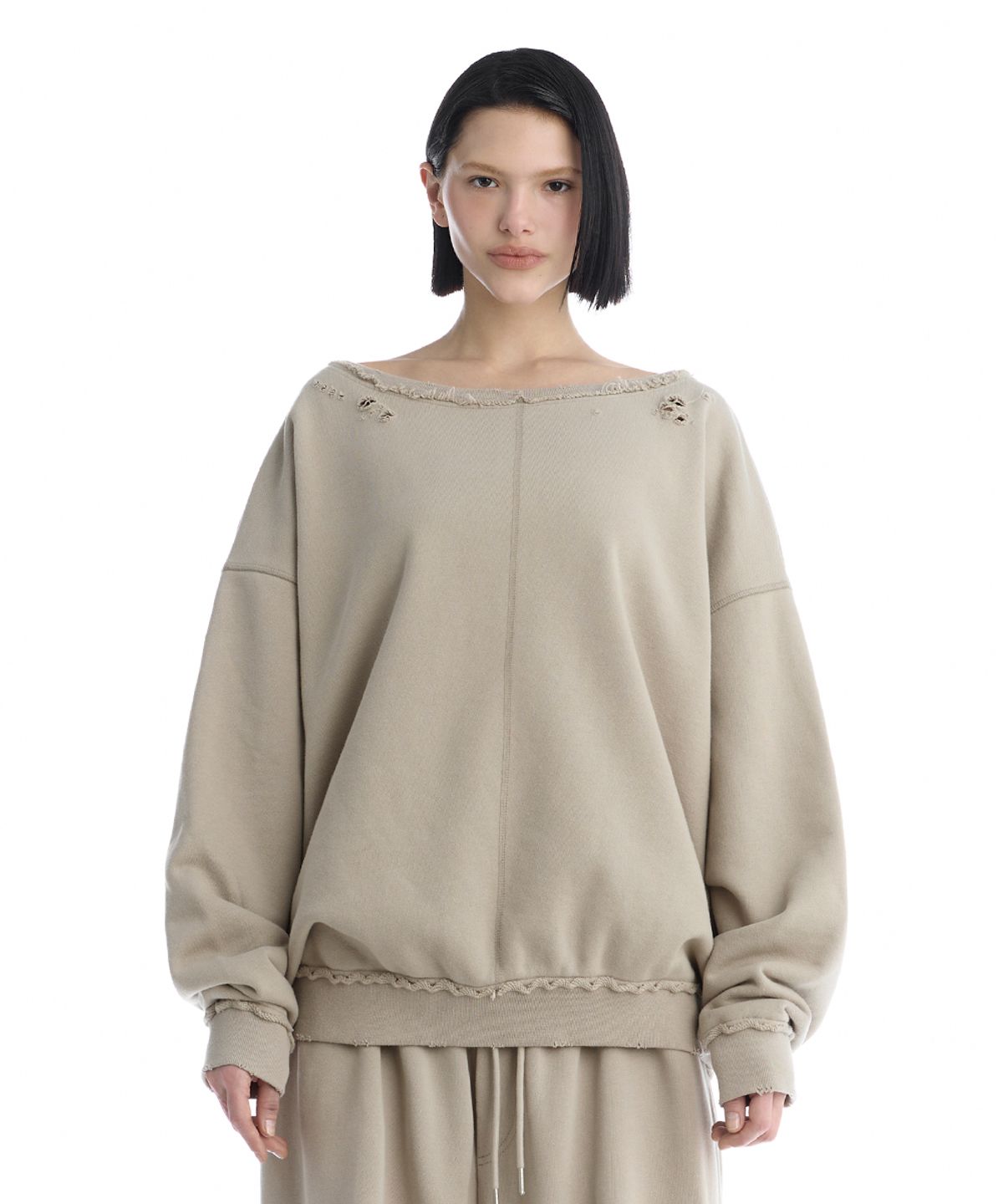 트리밍버드(TREEMINGBIRD) Scratch Damage Boat Neck Sweat Shirt [ Beige ]