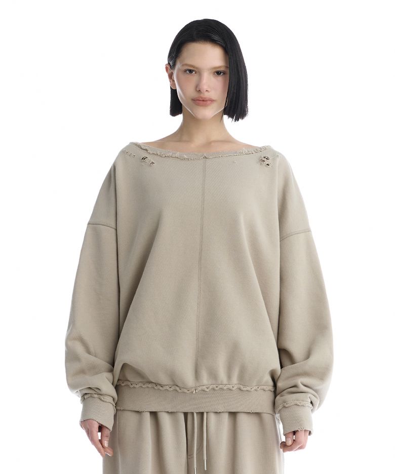 Scratch Damage Boat Neck Sweat Shirt [ Beige ]