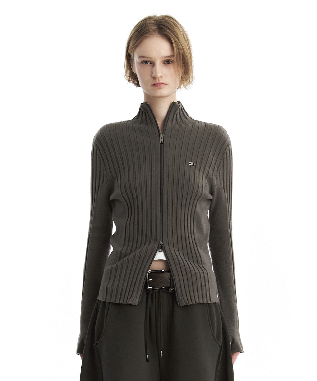 트리밍버드(TREEMINGBIRD) TMB High-Neck Knit Zip-Up Cardigan [ Khaki Gray ]