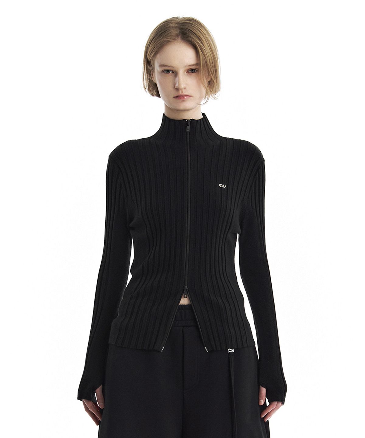 트리밍버드(TREEMINGBIRD) TMB High-Neck Knit Zip-Up Cardigan [ Black ]