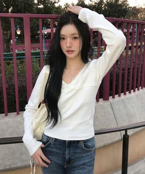 브이넥 레이스 랩 티셔츠 ( 화이트 )