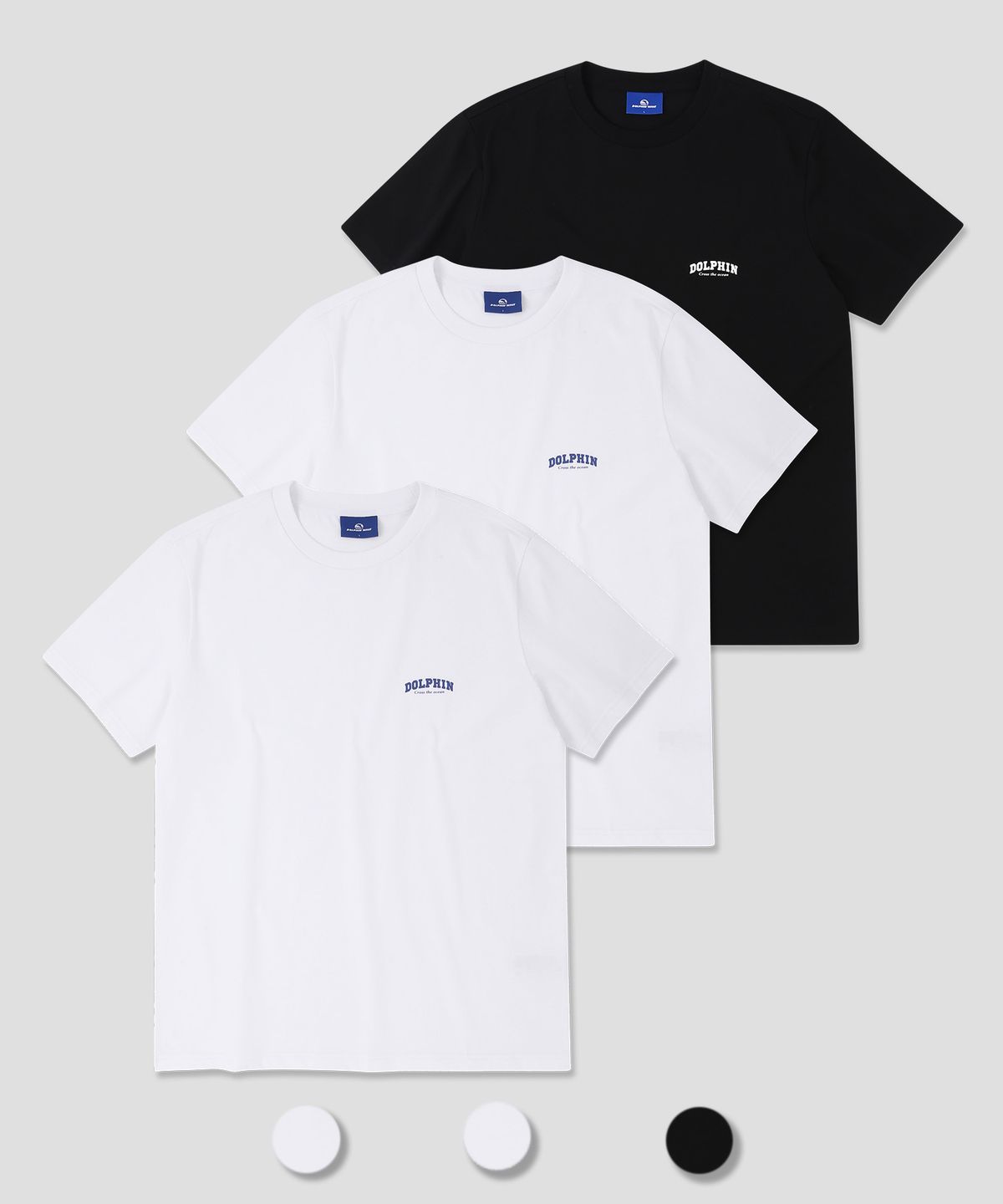 돌핀웨이브어패럴(DOLPHIN WAVE APPAREL) [3팩]돌핀 아치로고 티셔츠 화이트 & 화이트 & 블랙