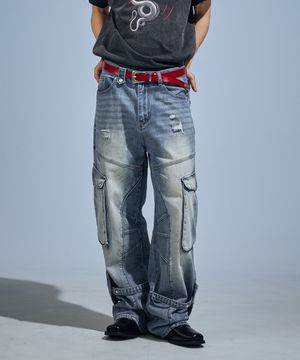 Washed Cargo Denim Detail Pants
