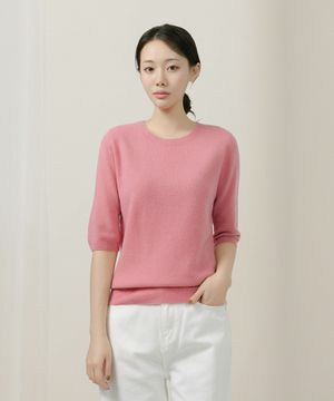 울 100% 라운드넥  라그란 7부소매 니트_핑크