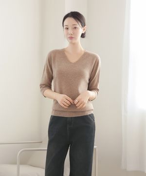 울100% V넥 7부 반팔 니트_브라운