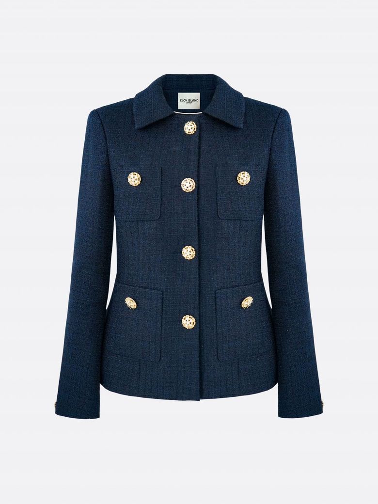 Classic Tailored Tweed Jacket (NAVY)