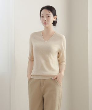 울100% V넥 7부 반팔 니트_아이보리