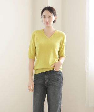 울100% V넥 7부 반팔 니트_옐로우그린