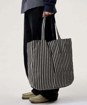 리버시블 스트라이프 패커블 코튼 백 - 블랙