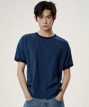 링거 포인트 스트라이프 티셔츠 - 네이비