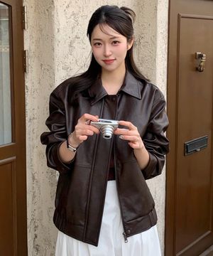 [W]오버핏 브라운 레더 블루종 점퍼