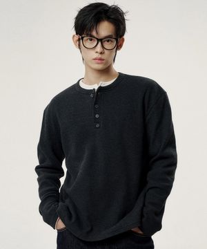 소프트 와플 헨리넥 티셔츠 - 차콜